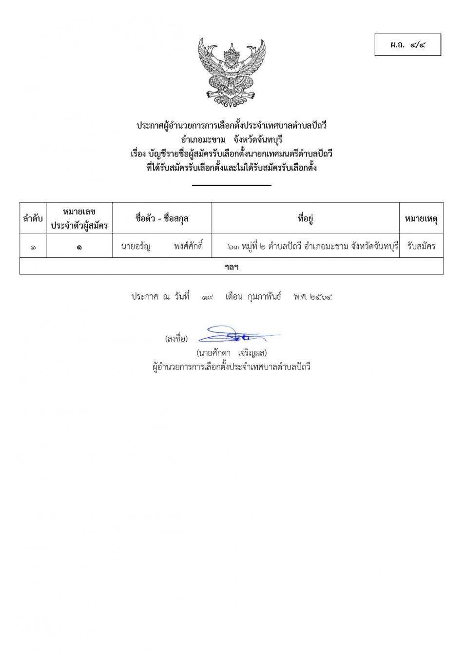 บัญชีรายชื่อผู้สมัครรับเลือกตั้งสมาชิกสภาเทศบาลตำบลปัถวีและนายกเทศมนตรีตำบลปัถวี ที่ได้รับสมัครรับเลือกตั้งและไม่ได้รับสมัครรับเลือกตั้ง